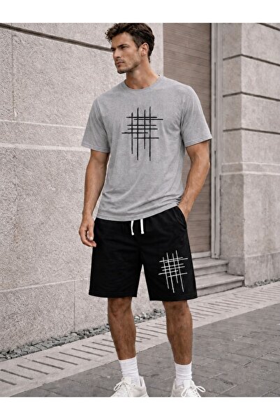 YK WEAR 2022.5 Unisex Oversize Shorts T-Shirt Set – Minimal Line Patterned Su...