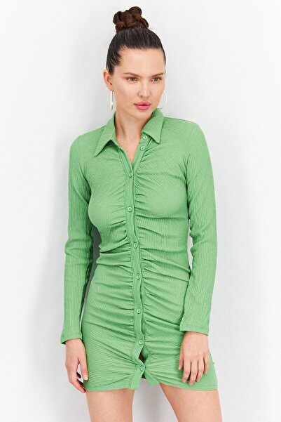 Monki Women Textured Ruched Bodycon Dress, Green