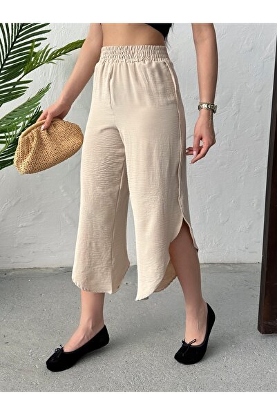 QUTTA Women's Beige Side Slit Loose Cut Ayrobin Fabric Trousers