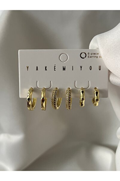 yeknova VIP 14K Gold Renginde Taşlı 3 Çift (6adet) Kararmaz Kadın Halka Küpe ...