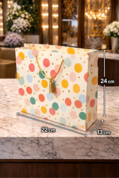 BİLGİ K K Luxury Cardboard Bag with Drawstring Cream-Colored Polka Dot Patter...