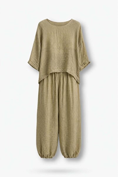 5in1Canpolat Oil Green Casual Blouse and Pants Set