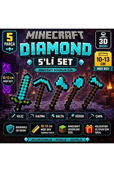 ümit toys Minecraft Diamond 5'li Midi Tool Seti -Kılıç Kazma Balta Kürek Çapa...