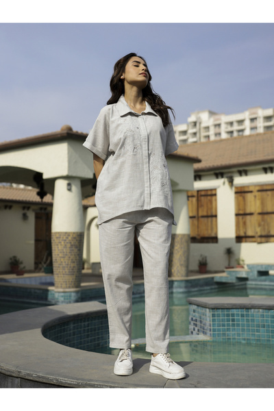 Sanskrutihomes By Styli Grey Embroidery Detail Cotton Shirt and Pants Set
