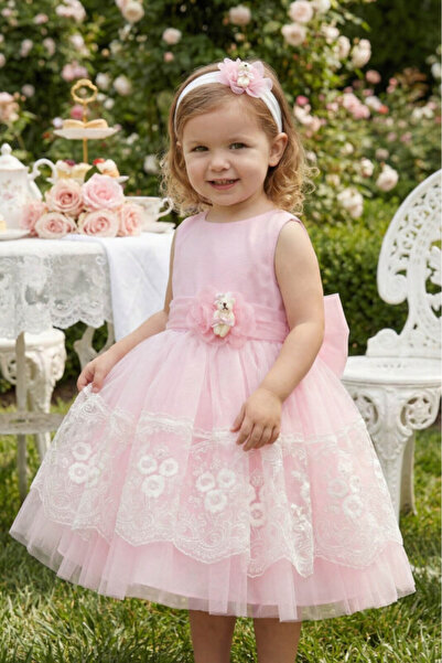 Pamina Baby Girl Evening Dress Teddy Bear and Lace Fluffy Tulle Dress Headban...
