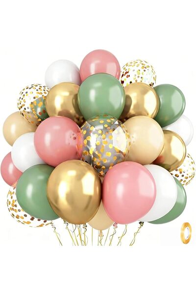 Isndare Set 35 Baloane Sage Green, Roz Pudrat și Auriu cu Confetti, 30 cm