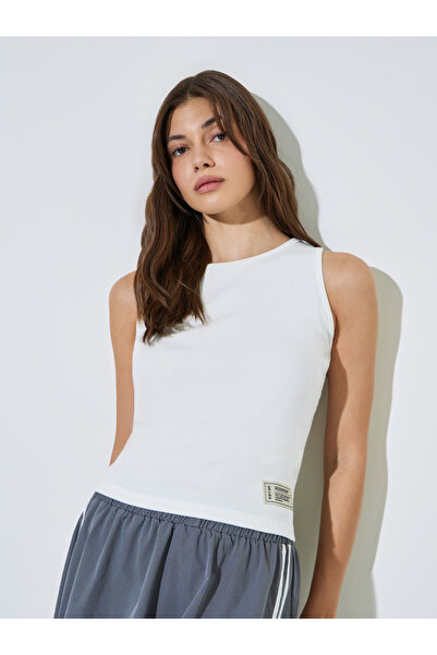 Styli White Fitted Ribbed Tank with Badge Detail