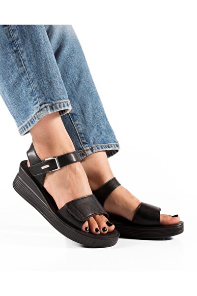 ALOGO Sandale dama cu Platforma Negre din Piele Ecologica Ione