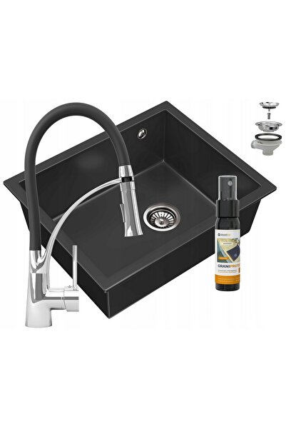Granitan Salix Black Granite Sink, complete Top Bottom Set with Nexo Chrome f...