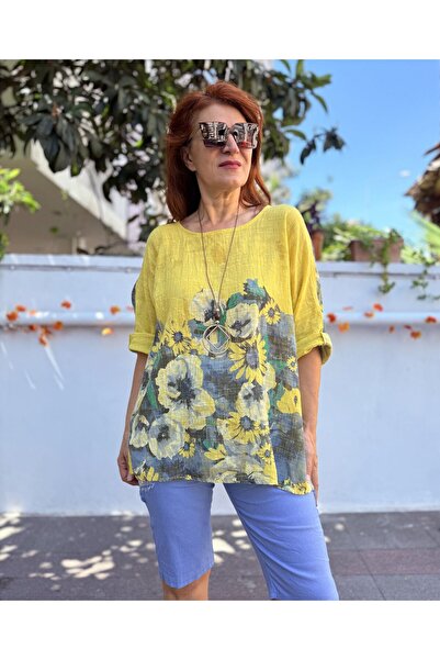 DenizEge Ιταλική μπλούζα Lavinya με κολιέ σε σκούρο κίτρινο χρώμα