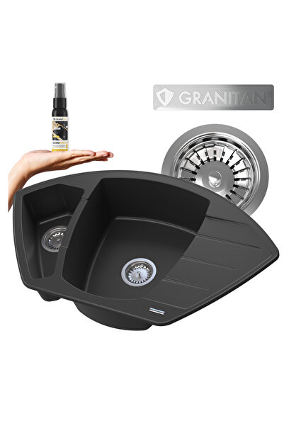 Granitan Pachet Chiuveta Granit Compact, 2 cuve, pentru colt, 90x54 cm, sifon...
