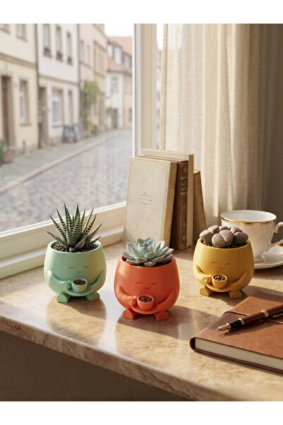 craftopya Kahve İçen Sevimli Figürlü Mini Sukulent ve Kaktüs Saksısı 8x6 cm Masaüstü Ofis Dekorasyonu