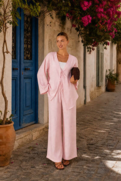 Modark Kadın Pembe Müslin İkili Takım - Önden Bağlamalı Kimono Hırka ve Geniş...