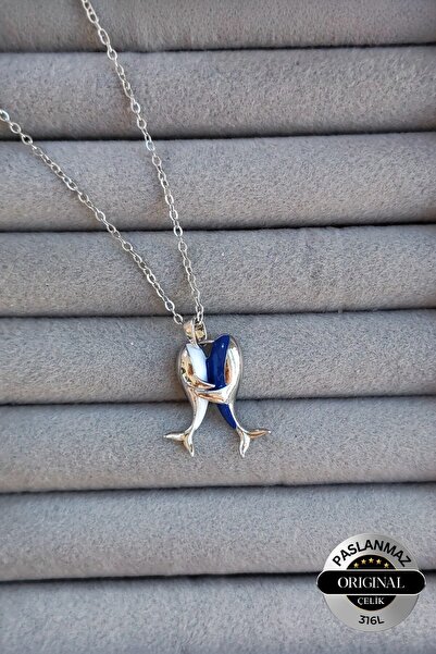 Lynare 316L Steel Hugging Dolphin Model Women's Necklace with Blue and White ...
