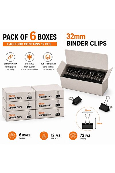 Fikriyah 32mm Binder Clips, Pack of 6 Boxes, 12 Clips per Box (72 Total), Hea...