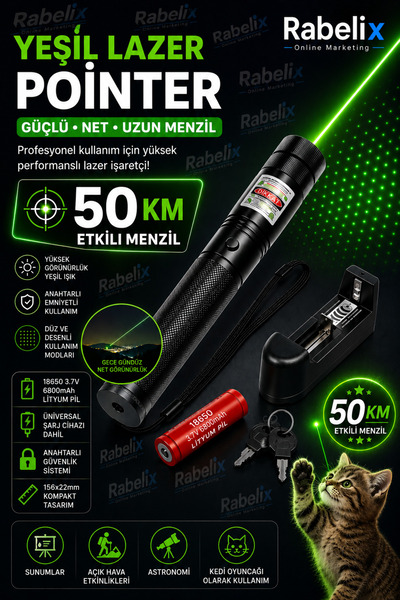 Rabelix Online Marketing 50 KM Menzil Yeşil Lazer Anahtarlı Şarjlı Lazer İşar...