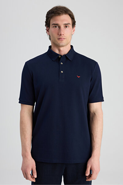 D'S Damat Ds Damat Regular Fit Navy Blue Pique Textured T-Shirt