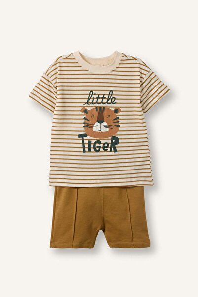 DeFacto Tiger Patterned 2-Piece Striped Ecru Set for Baby Boy H5267A526Hs