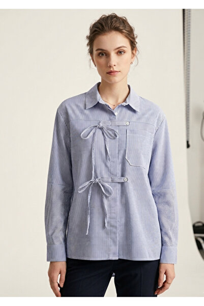 EsSo butik Women's Dark Blue White Striped Oversized Shirt with Bow Detail