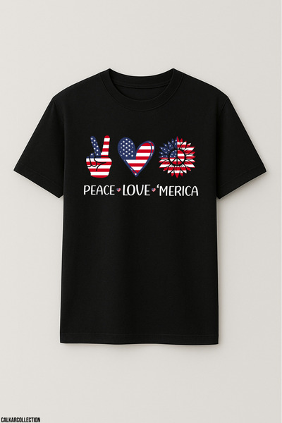 CALKARCOLLECTION تيشيرت للجنسين مقاس كبير Peace Love'Merica