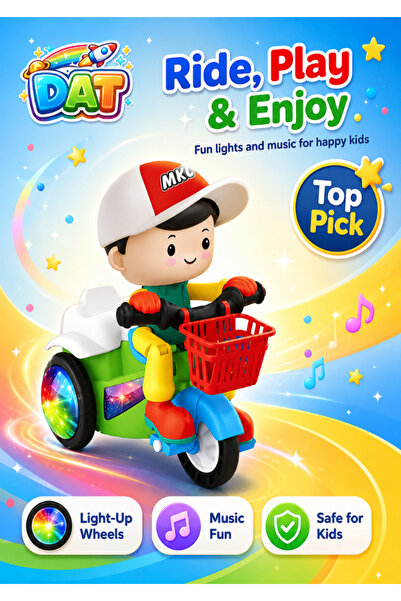 DAT Kids Electric Stunt Tricycle Toy with 360° Rotation, LED Disco Lights & D...