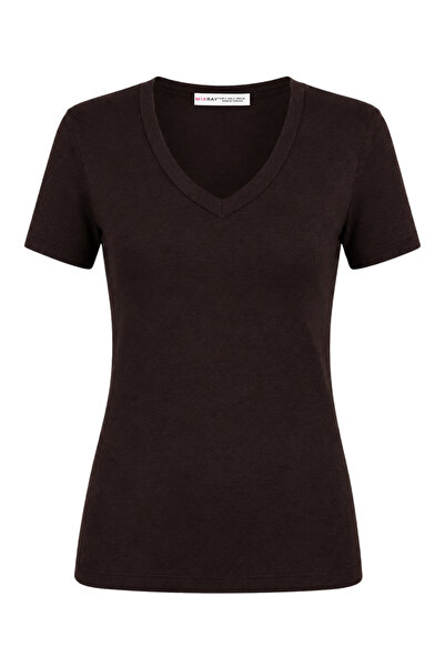 Mixray 2122 Kadın V Yaka Basic Kısa Kollu T-Shirt Kahve