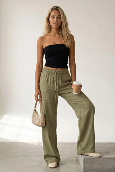 TRENDNATUREL Pantaloni de damă din muselină verde cu picior larg