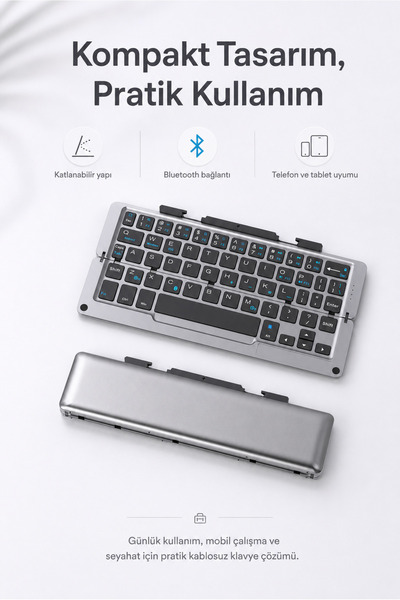 Zilvana Gümüş Katlanabilir Bluetooth Touchpadli Klavye, Telefon Tablet iPad U...