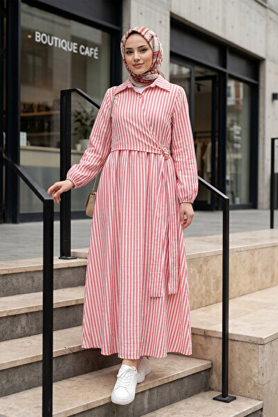 FERHEL Women's Shirt Collar Buttoned Side Tie Striped Soft Linen Dress - Red