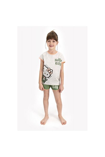 Serena Pijama fete cu tricou și pantalon scurt, imprimeu Hello Kitty, Verde