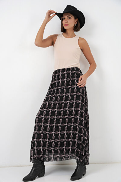 Merterium Women's Patterned Lined Chiffon Skirt 1473 - Black
