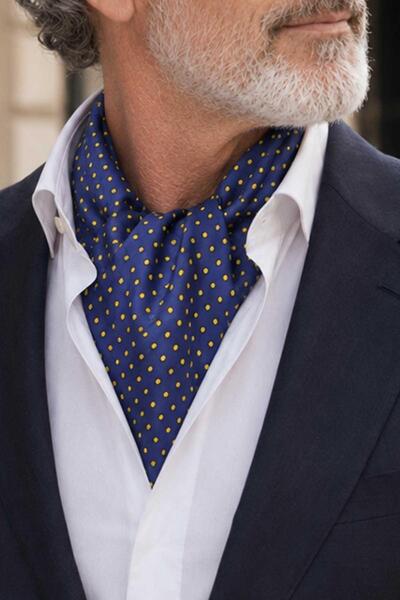 Kravatkolik Navy Blue Yellow Polka Dot Pattern Ascot Tie K677