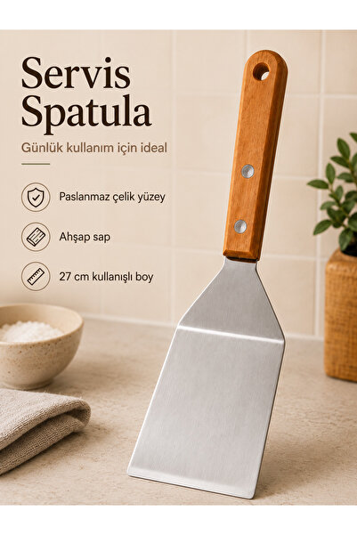 VD Ahşap Saplı Paslanmaz Çelik Servis Spatulası Pasta Börek ve Pizza Servis K...