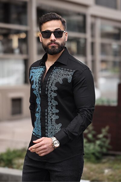 BAYIM Barok Desenli Slim Fit Gömlek Erkek Taş İşlemeli