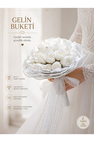 Acarflowers BEYAZ GÜLLÜ İNCİLİ GELİN BUKETİ (36 GÜL)