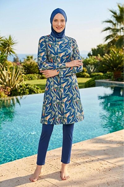 MARESİVA Fully Covered Hijab Swimsuit with Ethnic Pattern, Set of 4, with Bon...