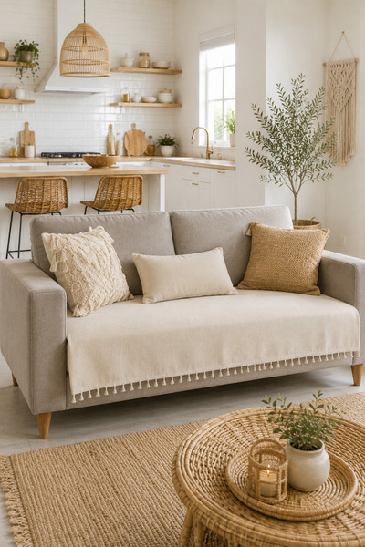 linea natura home Keten Püsküllü Koltuk Örtüsü Bohem Dekoratif Kanepe Çekyat ...