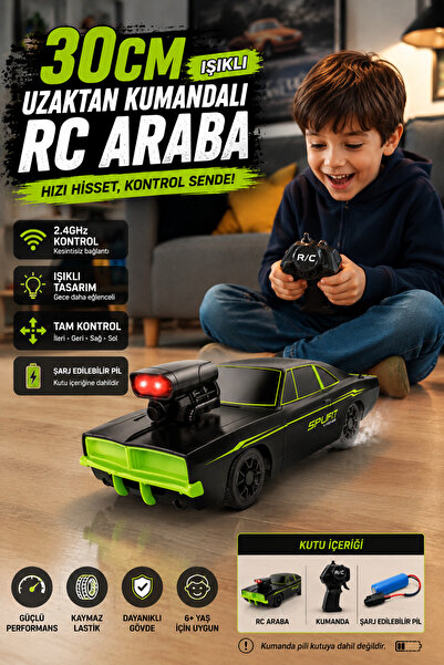 Arda-Han Ticaret Uzaktan Kumandalı Işıklı Yüksek Hızlı RC Spor Araba 30cm – 2.4GHz Şarjlı Çocuk Yarış Arabası