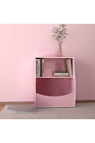 HayaBazaar Pink Curved 2-Tier Kids Open Wooden Bookshelf Toy Storage Rack