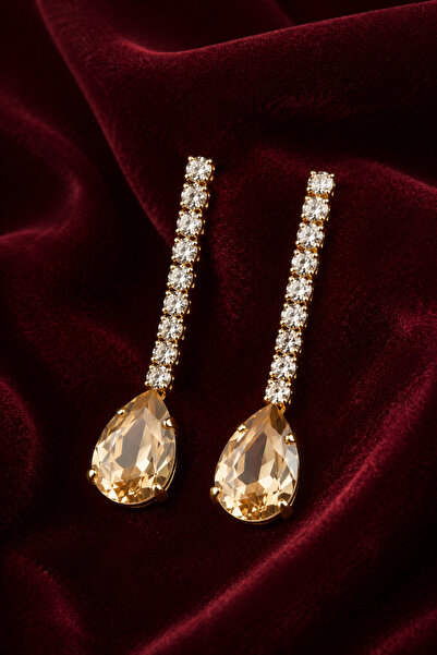 Sylvera Shop Damla Şampanya Taşlı Sallantılı Abiye Şık Küpe (Gold Renk)