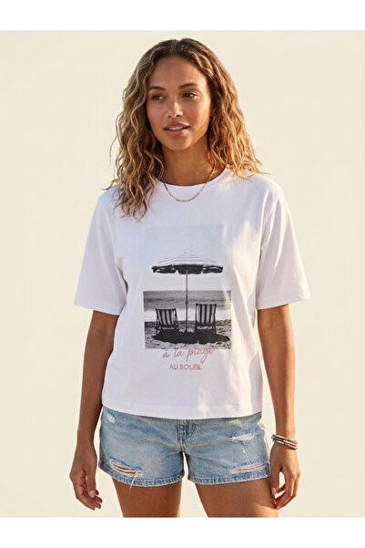 NTB Nature The Brand White Beach Printed Crew Neck Short Sleeve Basic T-Shirt