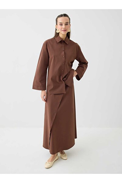 Benin Asymmetrical Cut Skirt & Classic Cut Shirt Double Set - Brown -
