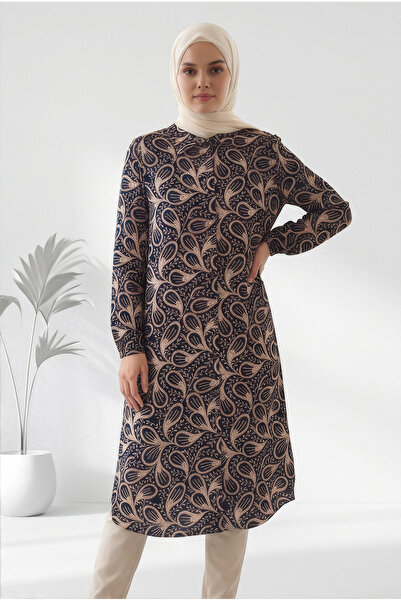 tuvadi Women's Navy Blue Ethnic Ivy Patterned Viscose Shirt - Hijab Shirt, Bu...