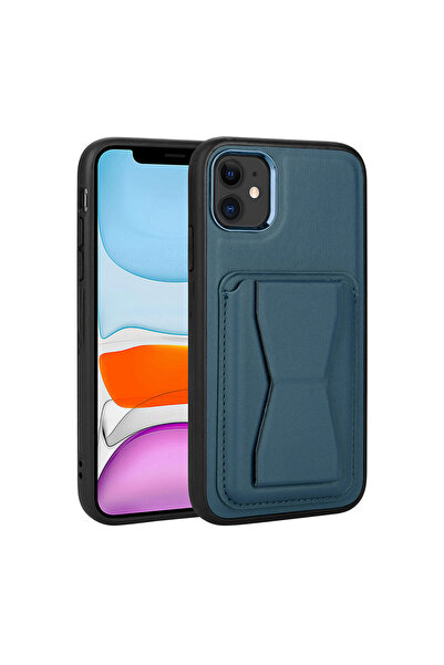 Case 4U iPhone 12 Uyumlu Kartlıklı Standlı Pu Deri C4U Memo Kılıf-Lacivert