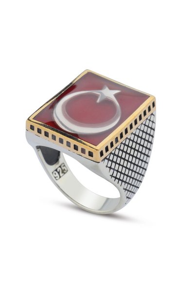 innuendo jewelery 925 Ayar Gümüş Kırmızı Mineli Türk Bayrağı Motifli Kare Erk...