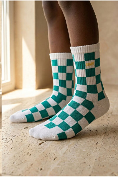 Children's Green Square Patterned Socket Socks