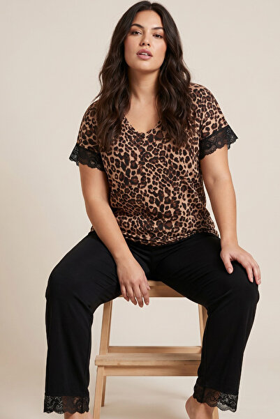 Siyah İnci Leopard Patterned Large Size Oversized Viscose Knitted Pajama Set