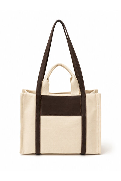 Madamra Brown Women's Leather Detailed Canvas Tote Bag
