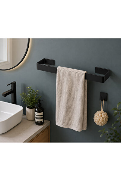 YDGR Siyah Metal Havlu Askısı Yapışkanlı – Banyo Mutfak Duvar Tipi Havluluk 40x7 Cm