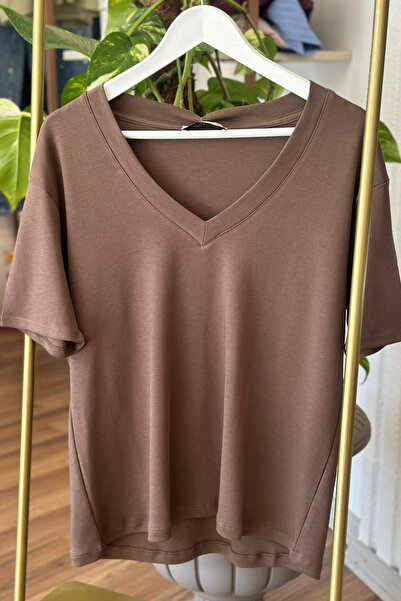 Unique Boutique Brown V-Neck Cotton T-Shirt